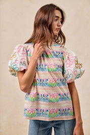 BiBi Ruffle Neckline Blouse With Embroidery Bubble Sleeve | Daverri Fashions