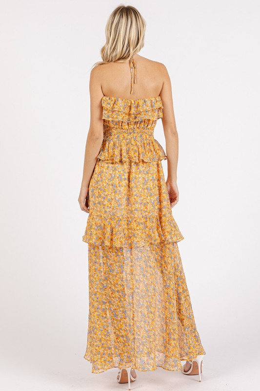 Mittoshop Ruffled Smocked Floral Halter Neck Maxi Dress