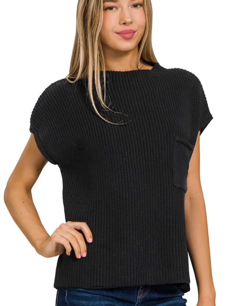 BLACK Zenana Mock Neck Short Sleeve Sweater | Sweaters Daverri Fashions