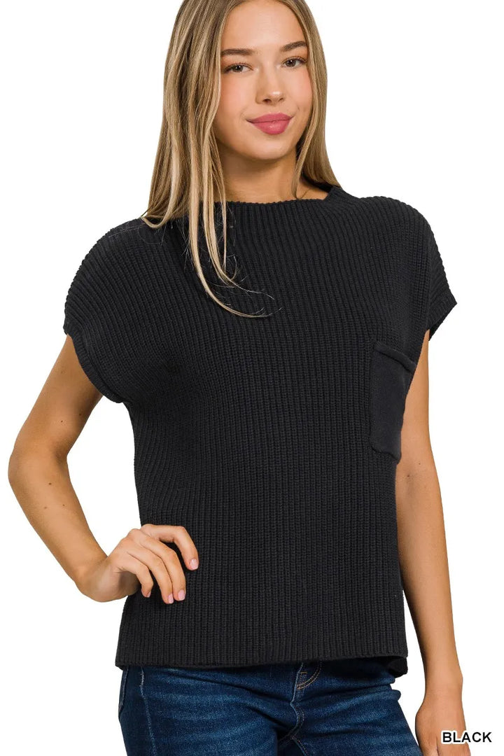 Zenana Mock Neck Short Sleeve Sweater BLACK Sweaters