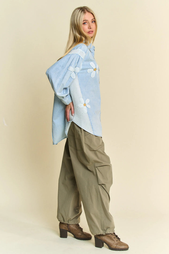 Davi & Dani Lightweight Washed Daisy Patch Waffle Knit Shirt Shirts