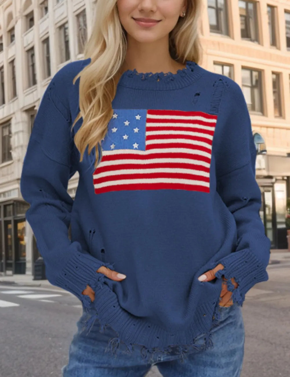 French Blue US Flag Distressed Round Neck Long Sleeve Sweater | Sweaters Daverri Fashions