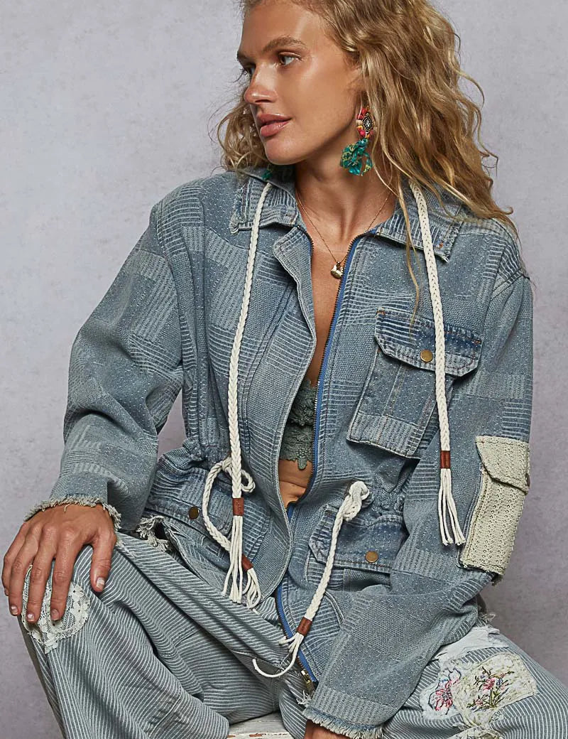 POL Raw Hem Drawstring Zip Up Hooded Denim Jacket | Denim Jackets Daverri Fashions