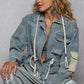 POL Raw Hem Drawstring Zip Up Hooded Denim Jacket Denim Jackets