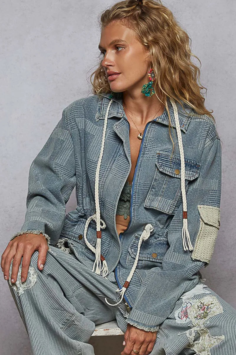 POL Raw Hem Drawstring Zip Up Hooded Denim Jacket Denim Jackets