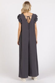 Mittoshop V-Neck Ruffled Cap Sleeve Wide Leg Jumpsuit