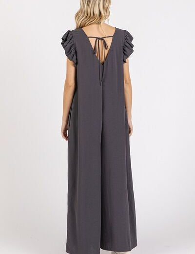 Mittoshop V-Neck Ruffled Cap Sleeve Wide Leg Jumpsuit