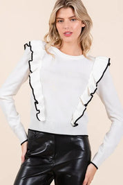 Mittoshop Contrast Trim Ruffled Round Neck Knit Top | Tops Daverri Fashions