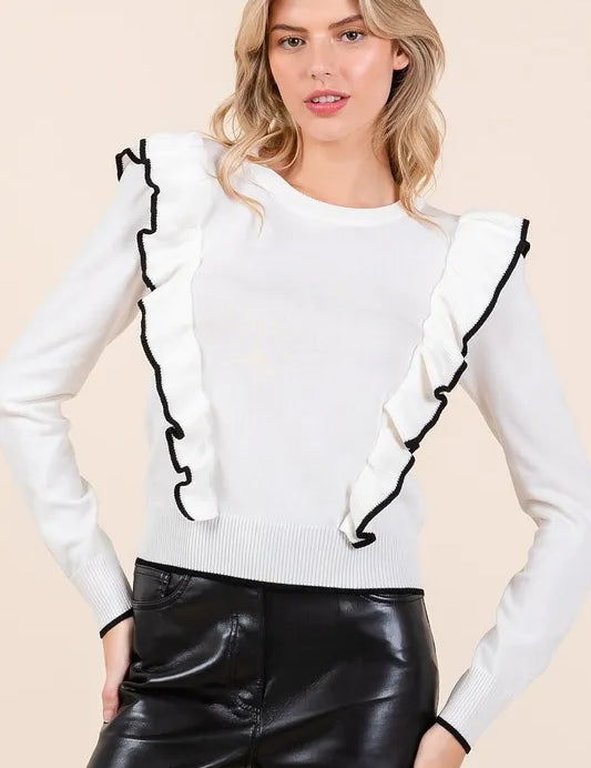 Mittoshop Contrast Trim Ruffled Round Neck Knit Top | Tops Daverri Fashions