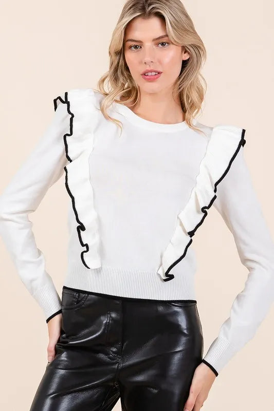 Mittoshop Contrast Trim Ruffled Round Neck Knit Top | Tops Daverri Fashions