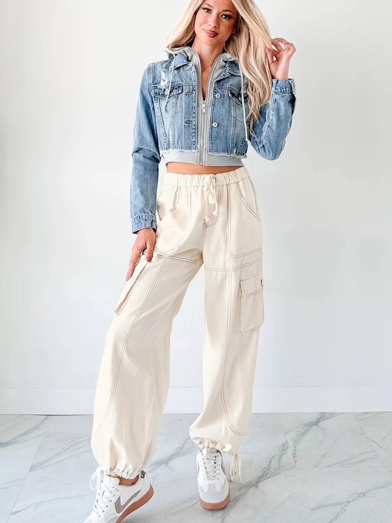 Distressed Zip Up Cropped Hooded Denim Jacket | Denim Jackets Daverri Fashions