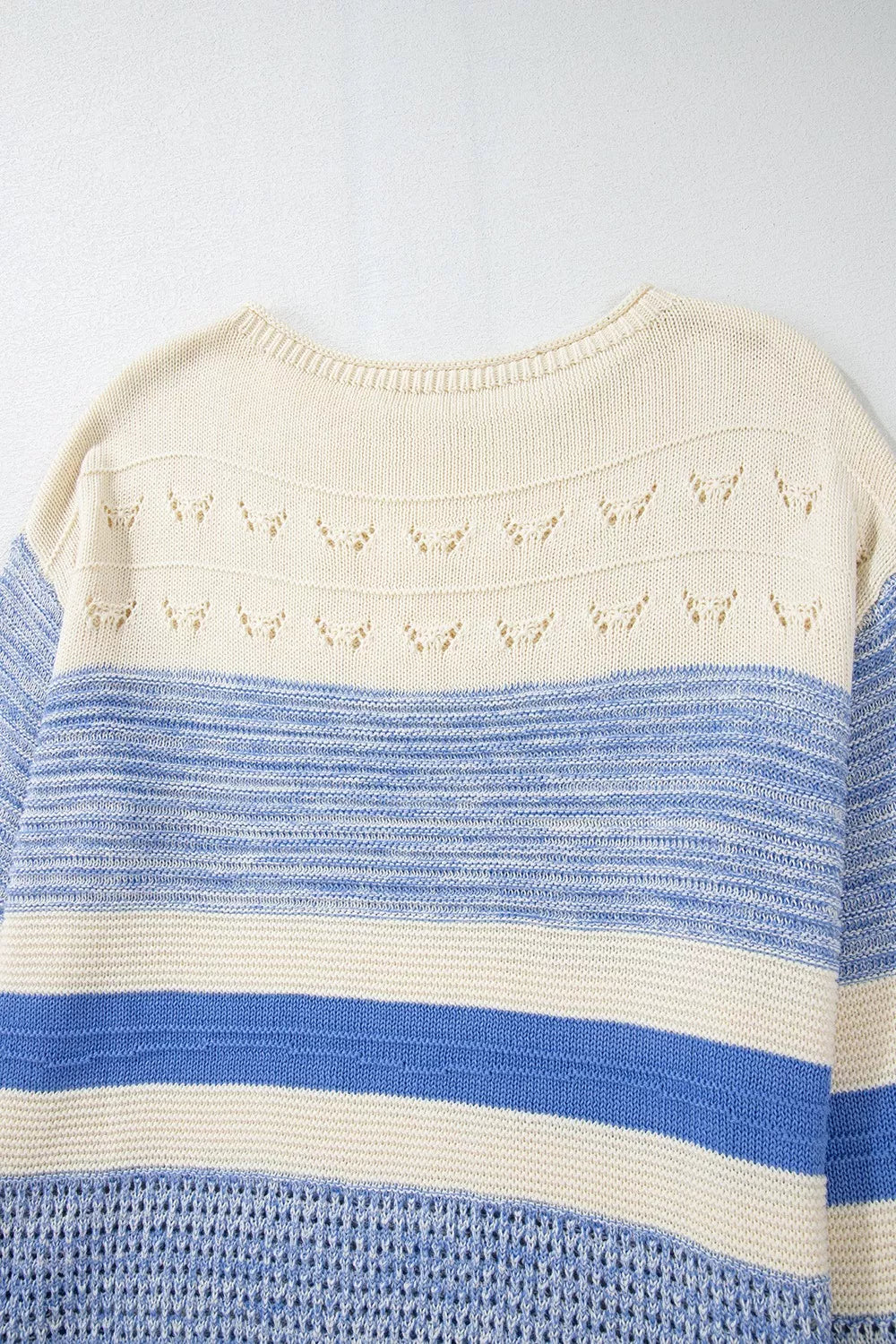 Cozy openwork striped knit long sleeve sweater with butterfly pattern