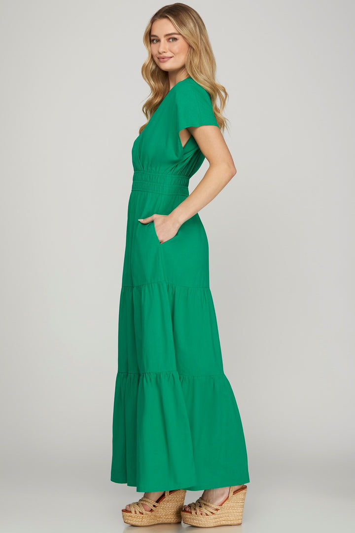 She + Sky Surplice Short Sleeve Tiered Maxi Dress With Pockets Maxi Dresses