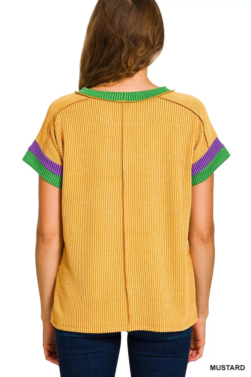 Zenana Mardi Gras mustard ribbed top with green purple striped trim