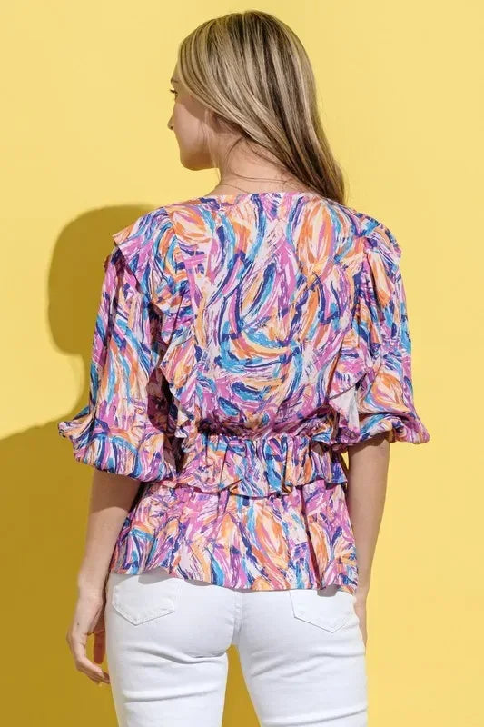 And The Why Printed Lantern Sleeve Blouse - DAVERRI FASHIONS