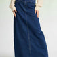 Raw Hem Maxi Denim Skirt in deep blue with straight cut and frayed hem