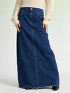 Raw Hem Maxi Denim Skirt in deep blue with straight cut and frayed hem