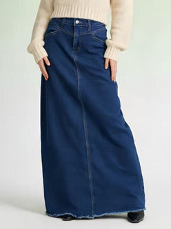 Raw Hem Maxi Denim Skirt in deep blue with straight cut and frayed hem