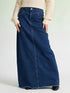 Raw Hem Maxi Denim Skirt in deep blue with straight cut and frayed hem
