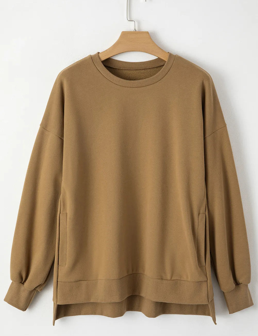 Camel Round Neck Long Sleeve Sweatshirt | Sweatshirts Daverri Fashions