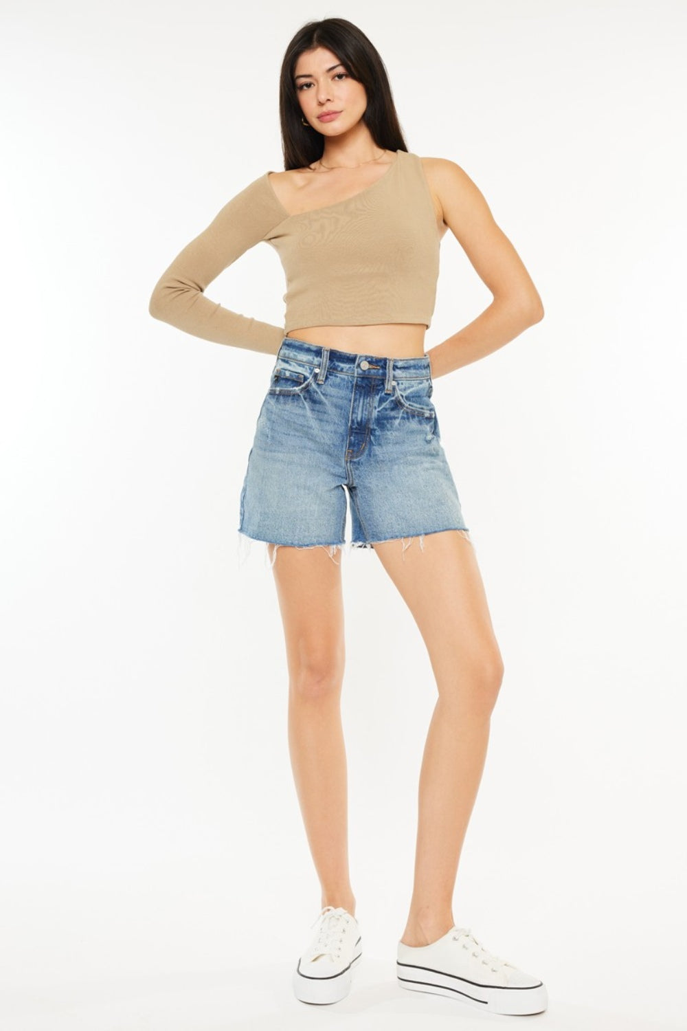 Kancan Full Size Raw Hem High Waist Denim Shorts Medium Denim Shorts