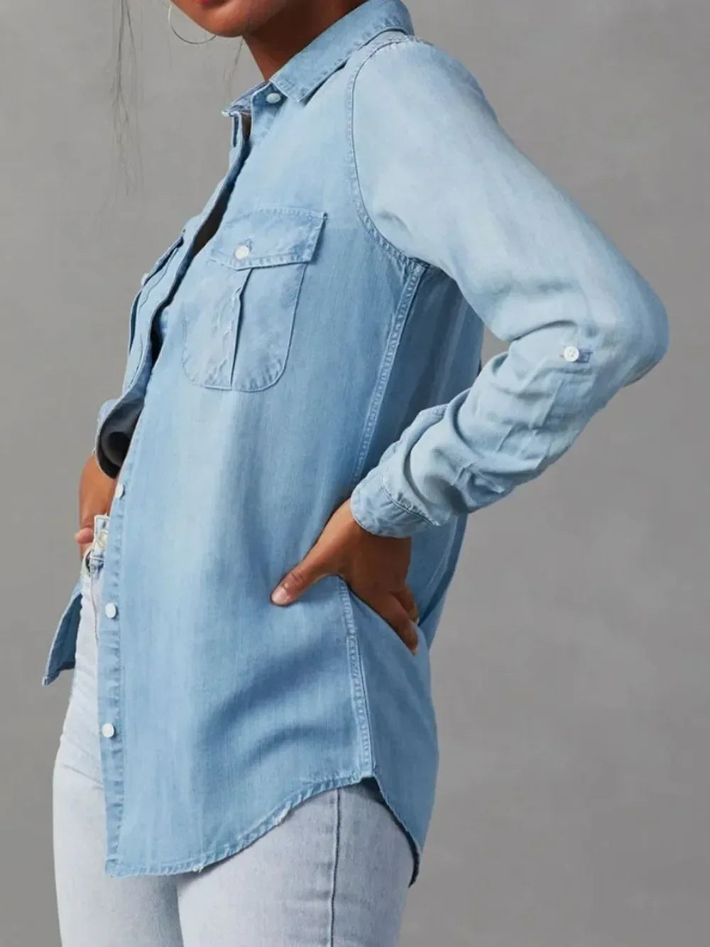 Collared Neck Roll-Tab Sleeve Denim Top - DAVERRI FASHIONS