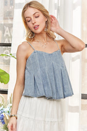 ADORA Front Pleated Washed Denim Crop Top | Tops Daverri Fashions