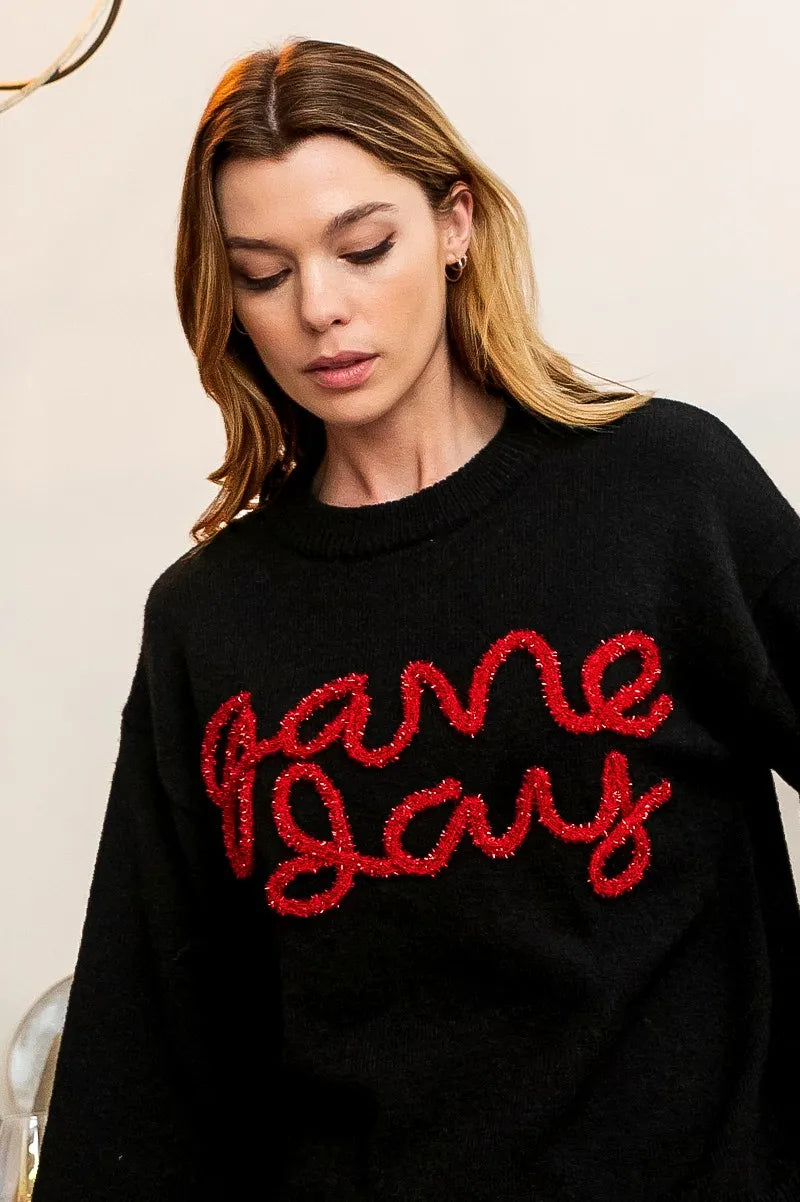 BiBi Game Day Metallic Letter Sweater | Daverri Fashions