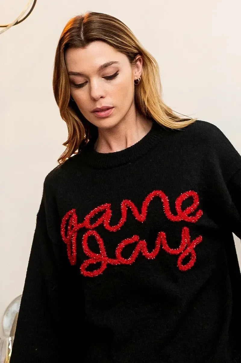 BiBi Game Day Metallic Letter Sweater - DAVERRI FASHIONS