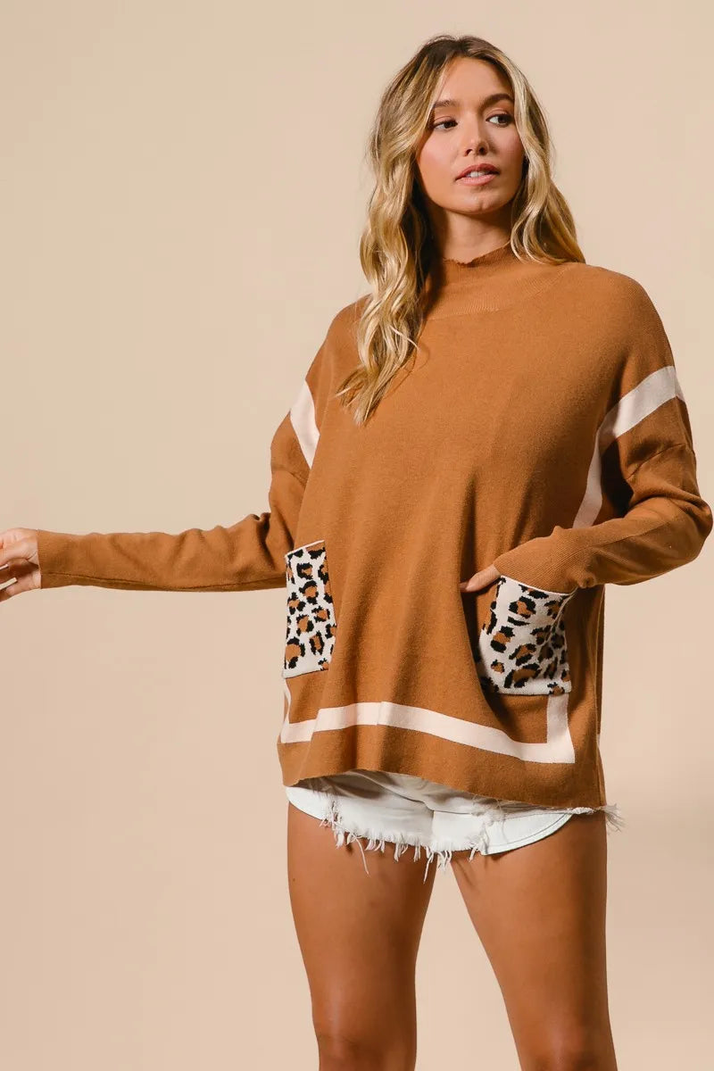 BiBi Mock Neck Sweater with Leopard Pocket Sweaters