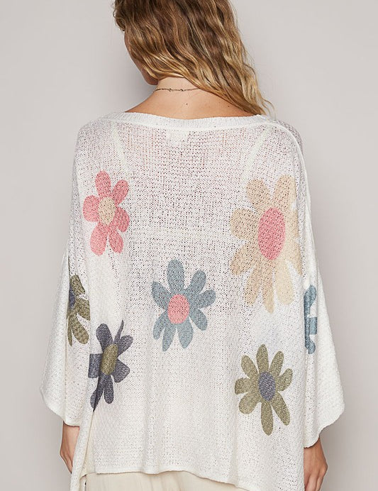 POL Flower Dropped Shoulder Long Sleeve Knit Top