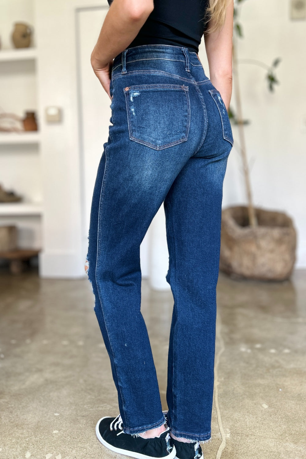 Judy Blue Full Size High Waist Rigid Magic Heavy Destroy Straight Jeans | Daverri Fashions