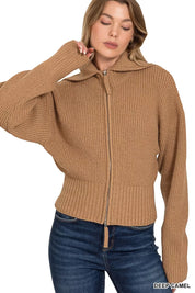 Zenana Ribbed Collared Zip Up Sweater Cardigan | Cardigans Daverri Fashions