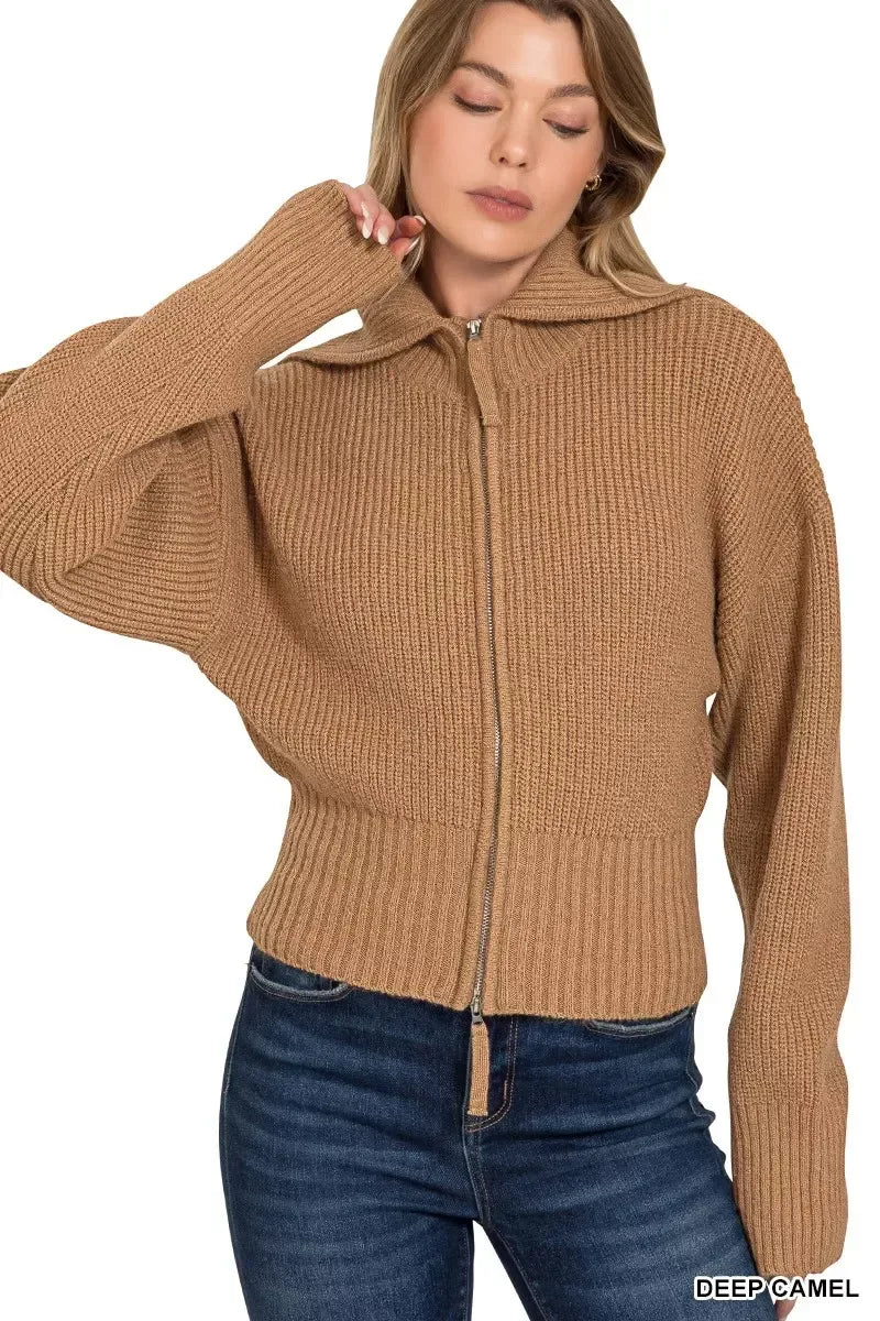 Zenana Ribbed Collared Zip Up Sweater Cardigan Camel - DAVERRI FASHIONS
