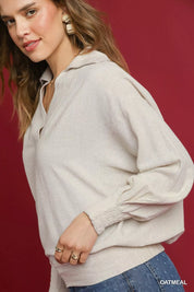 Umgee Linen Long Sleeves Elastic Hem Blouse | Blouses Daverri Fashions