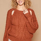 POL Cable Knit Cutout Long Sleeve Sweater - DAVERRI FASHIONS
