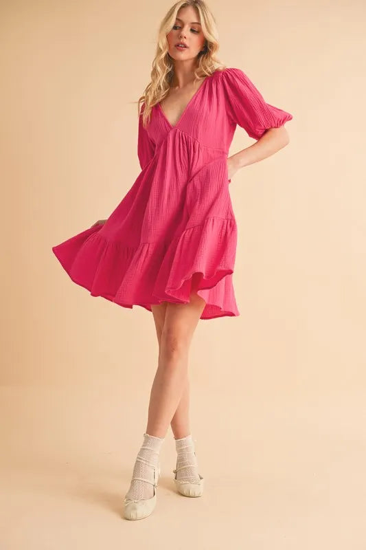 Aemi+Co Tied Back Ruffled Short Sleeve Mini Dress MAGENTA