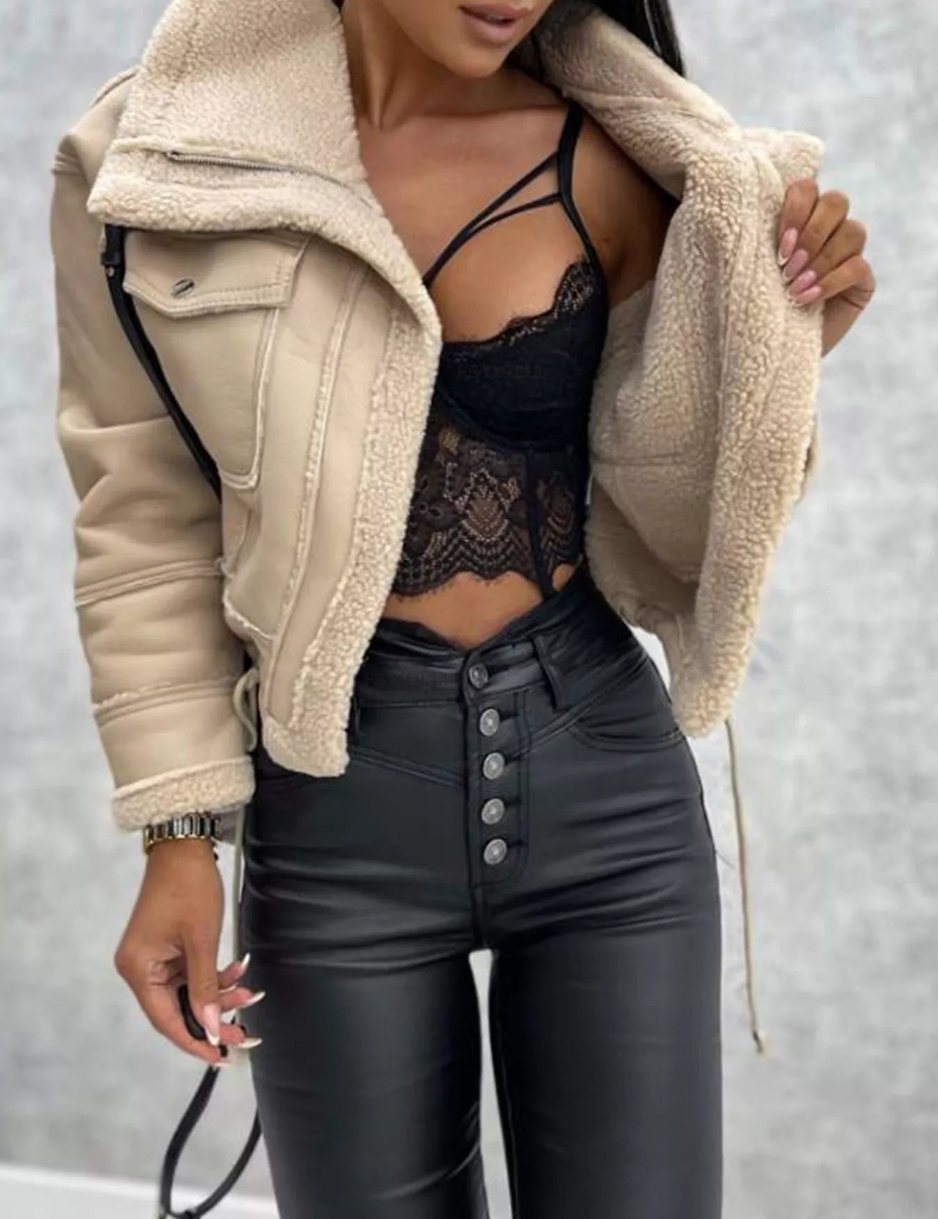 Beige Sherpa Trim Cropped Jacket | Outerwear Daverri Fashions