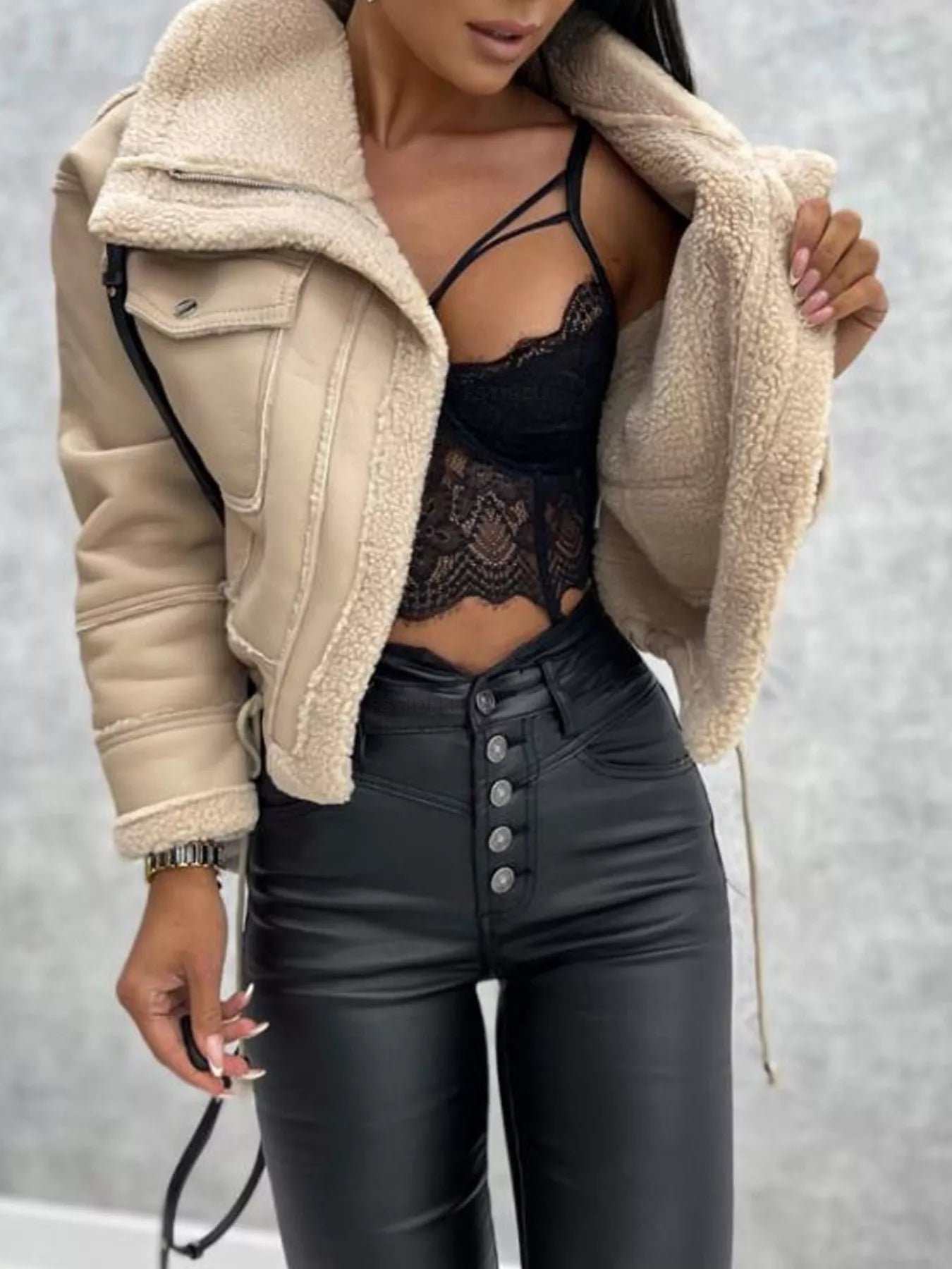 Beige Sherpa Trim Cropped Jacket | Outerwear Daverri Fashions