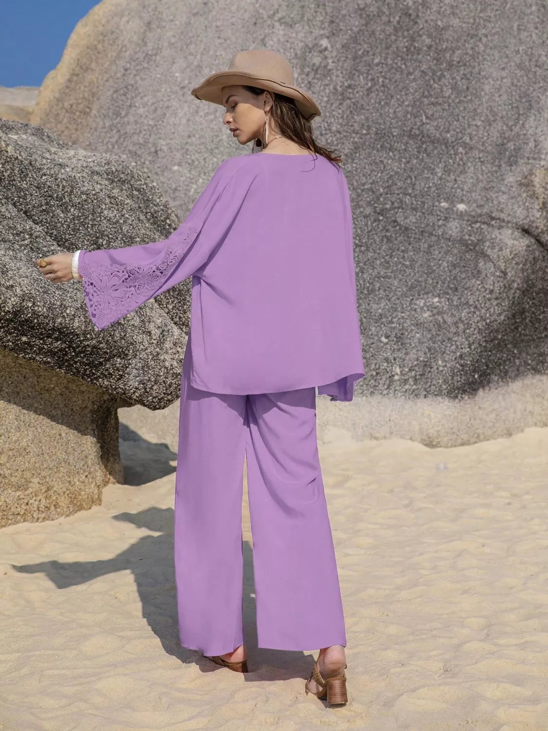 Lavender lace detail open front cover up with bell sleeves and wide-leg pants set