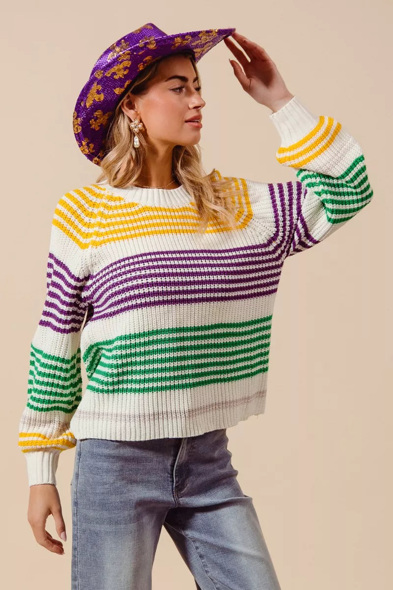 Vibrant SO ME Mardi Gras knitted raglan sweater with bold purple, yellow, green, white stripes