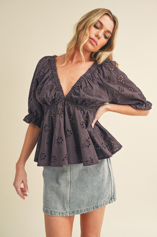 Aemi + Co Eyelet Embroidered V-Neck Half Sleeve Peplum Blouse Blouses