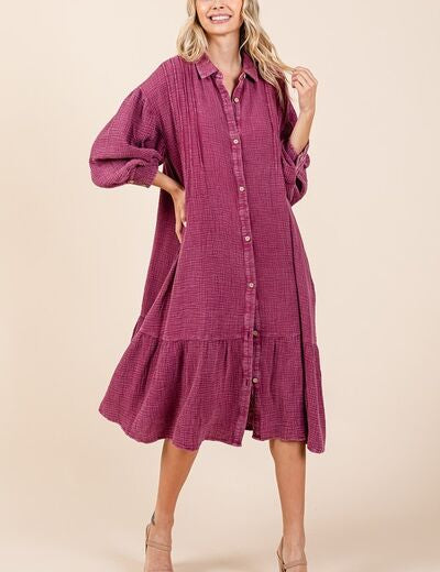 Mittoshop Mineral Wash Cotton Gauze Ruffle Midi Shirt Dress Deep Purple Midi Dresses