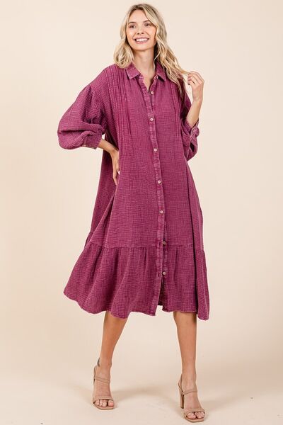 Mittoshop Mineral Wash Cotton Gauze Ruffle Midi Shirt Dress Deep Purple Midi Dresses