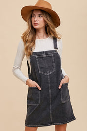 Annie Wear Wide Strap Denim Overall Dress with Pockets Black Mini Dresses