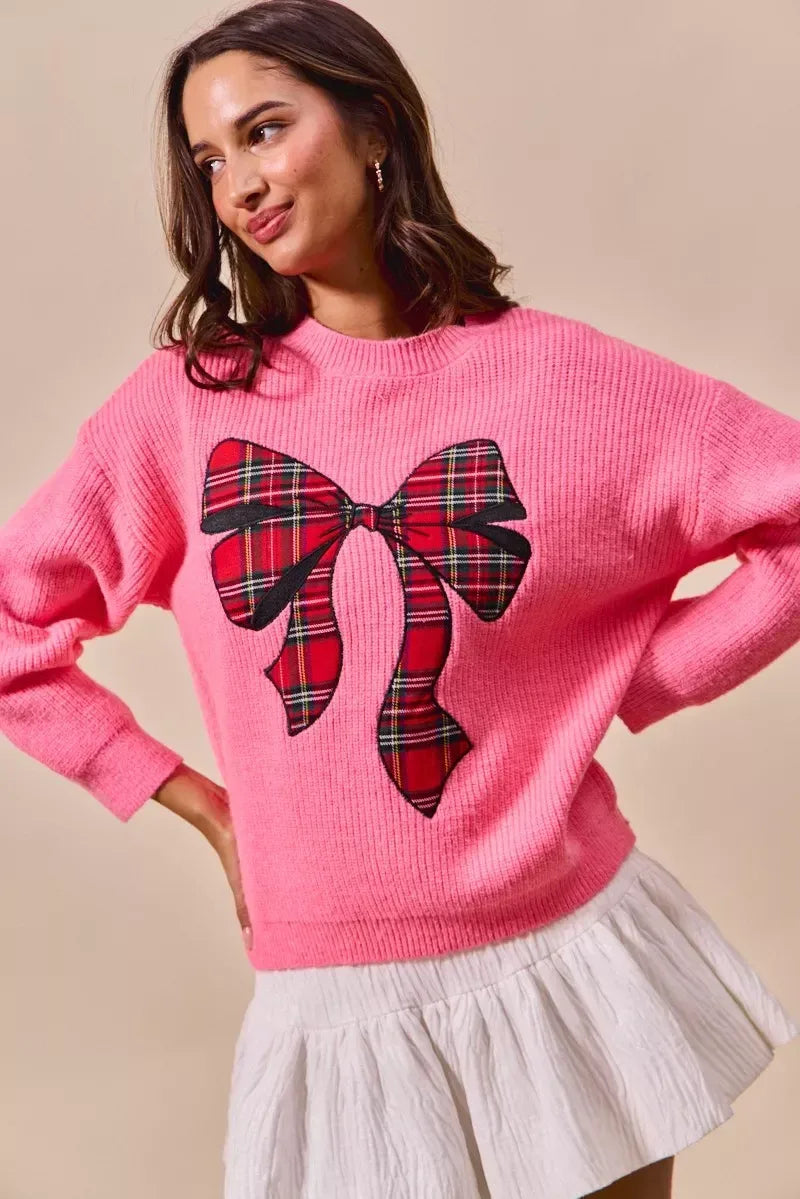 SO ME Checker Plaid Ribbon Christmas Holiday Sweater - DAVERRI FASHIONS