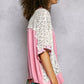 Pink and white layered knit cardigan with POL Candy Pink floral lace overlay