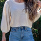 Daverri cream open-knit cropped sweater with puffed sleeves