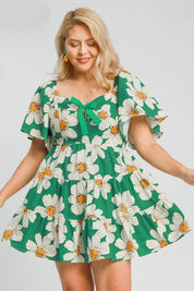 Umgee Full Size Daisy Print Mini Dress with Ribbon Details Plus Size | Mini Dresses Daverri Fashions