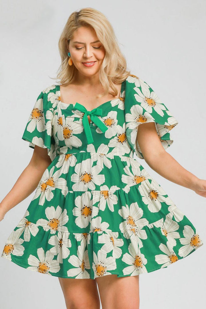 Umgee Full Size Daisy Print Mini Dress with Ribbon Details Plus Size Mini Dresses